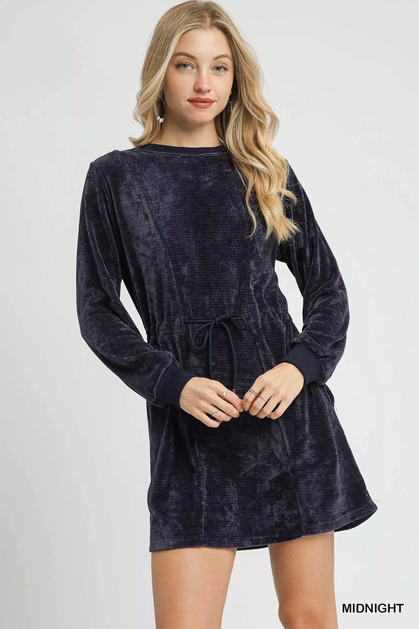 Umgee Velour Drawstring Mini Dress with Long Sleeves - Bitsy Gypsy Boutique