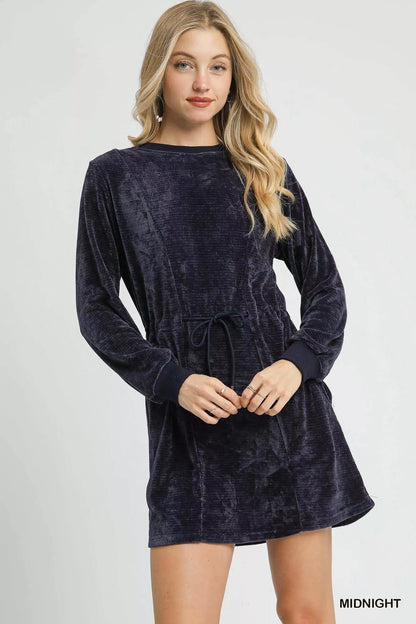 Umgee Velour Drawstring Mini Dress with Long Sleeves - Bitsy Gypsy Boutique