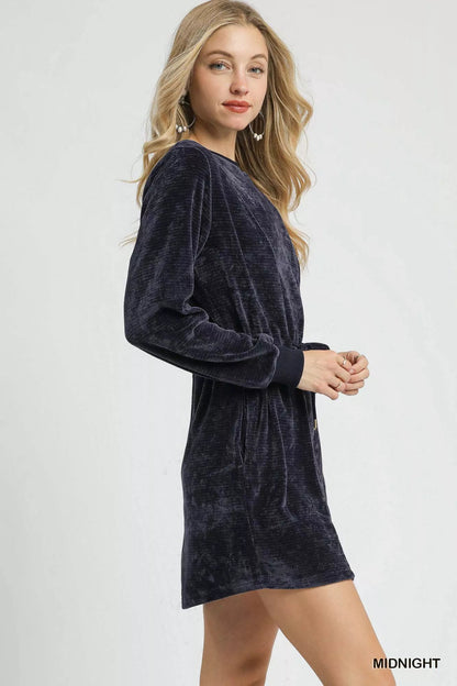 Umgee Velour Drawstring Mini Dress with Long Sleeves - Bitsy Gypsy Boutique