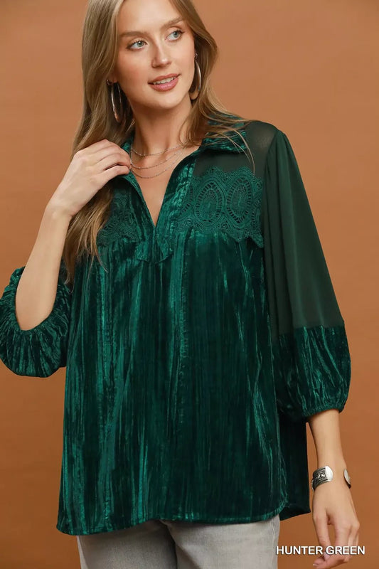 Umgee Velvet Lace Detail Mixed Fabric Blouse - Bitsy Gypsy Boutique