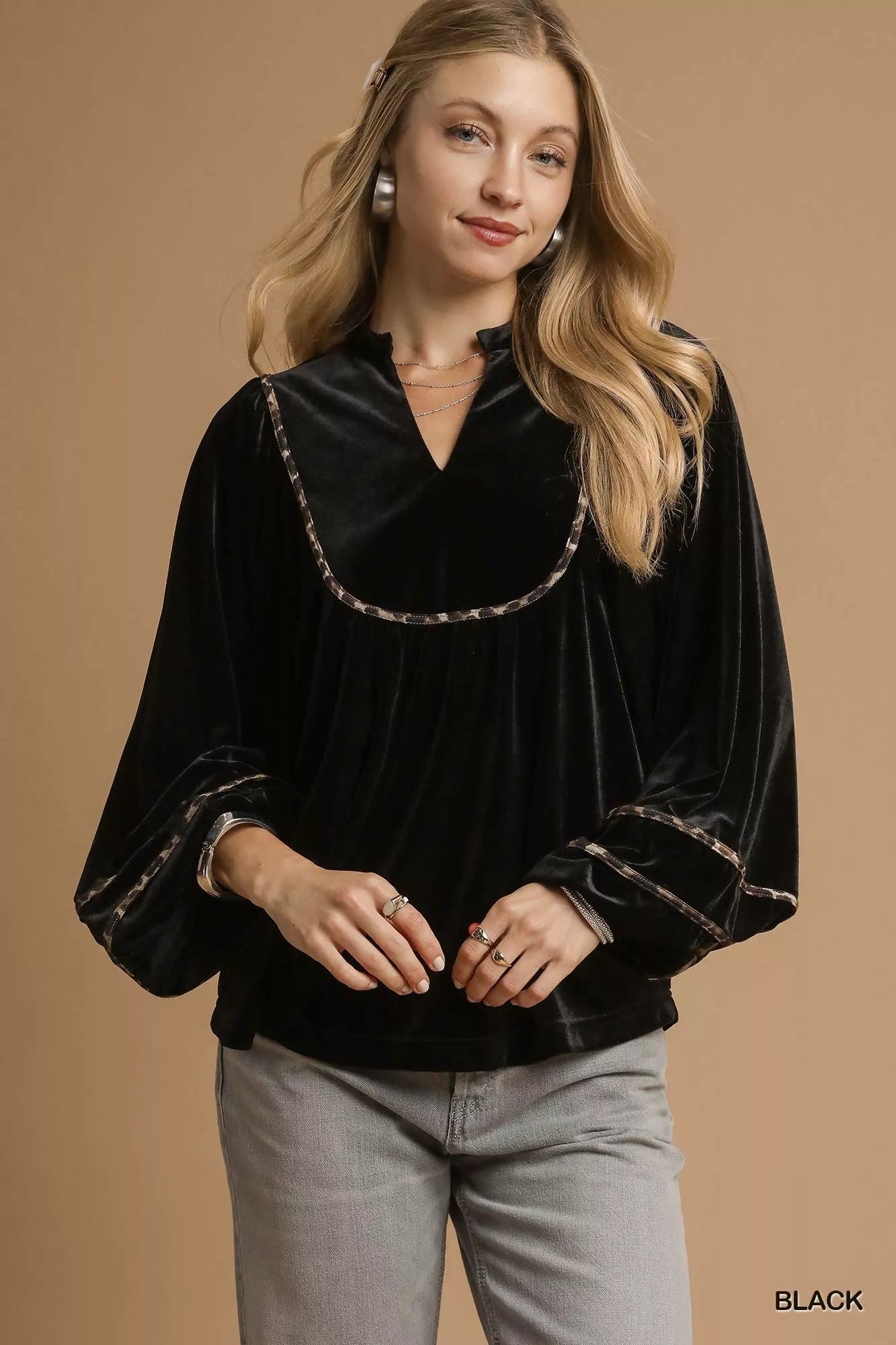 Umgee Velvet Long Sleeve Blouse with Contrast Trim - Bitsy Gypsy Boutique