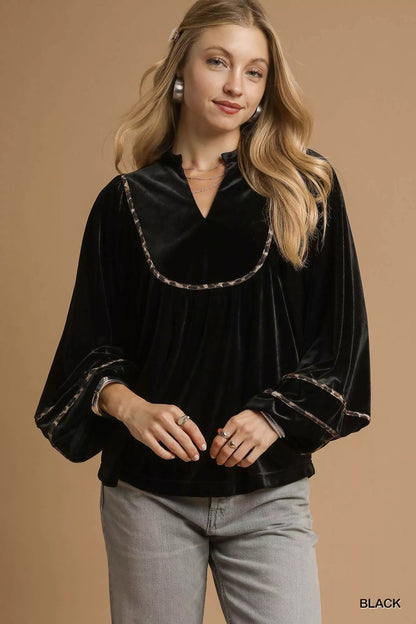 Umgee Velvet Long Sleeve Blouse with Contrast Trim - Bitsy Gypsy Boutique