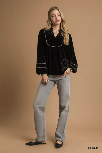Umgee Velvet Long Sleeve Blouse with Contrast Trim - Bitsy Gypsy Boutique