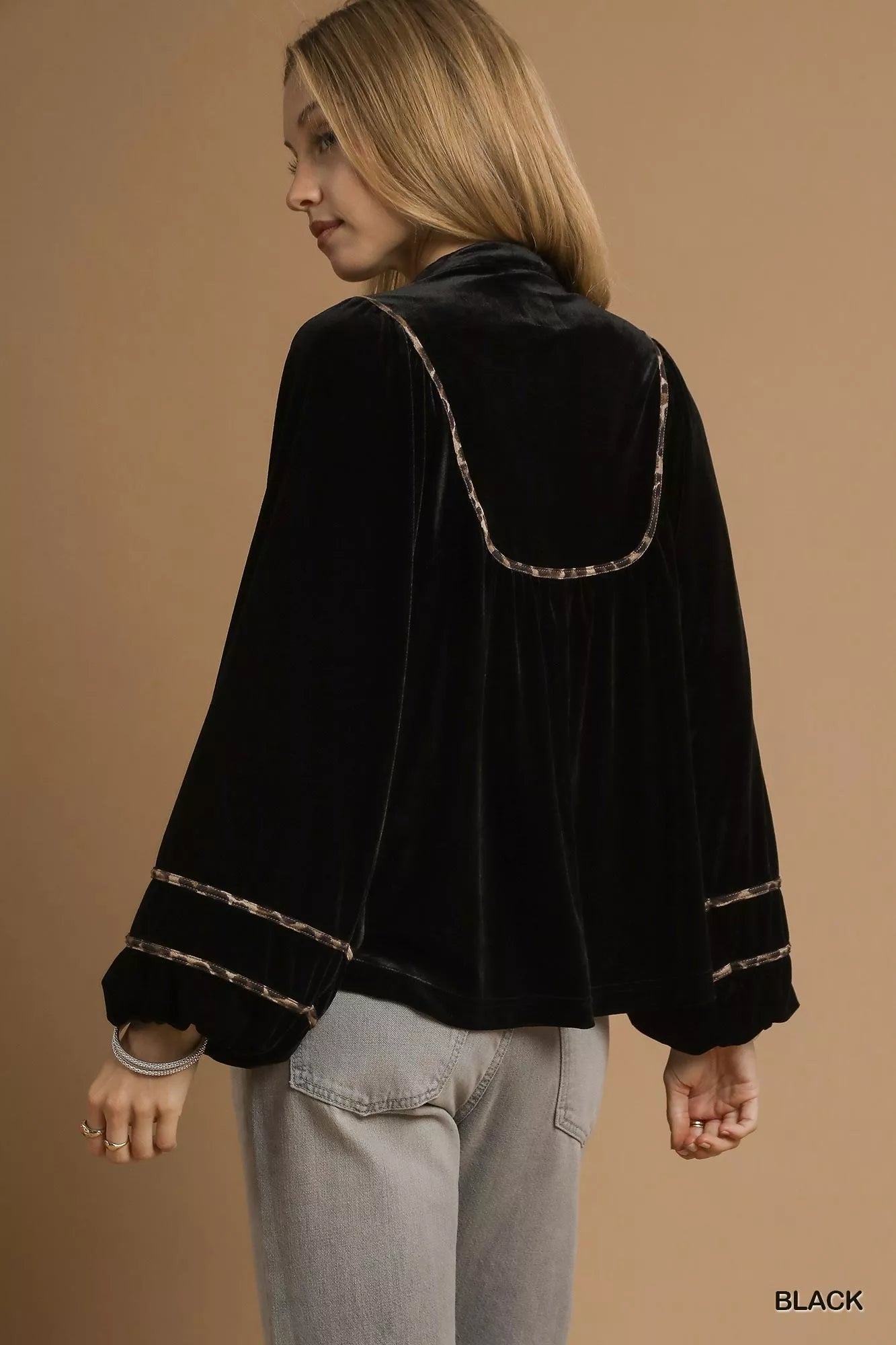 Umgee Velvet Long Sleeve Blouse with Contrast Trim - Bitsy Gypsy Boutique