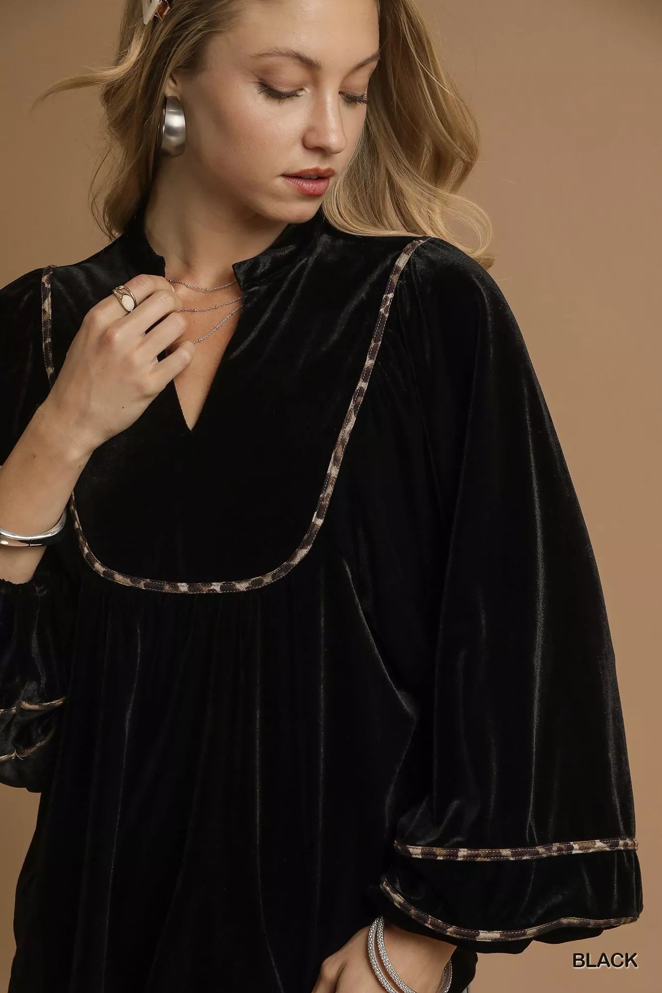 Umgee Velvet Long Sleeve Blouse with Contrast Trim - Bitsy Gypsy Boutique