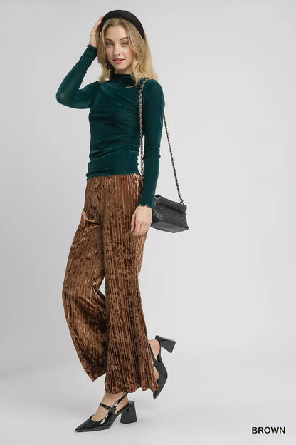 Umgee Velvet Pleated Wide Leg Pants - Bitsy Gypsy Boutique