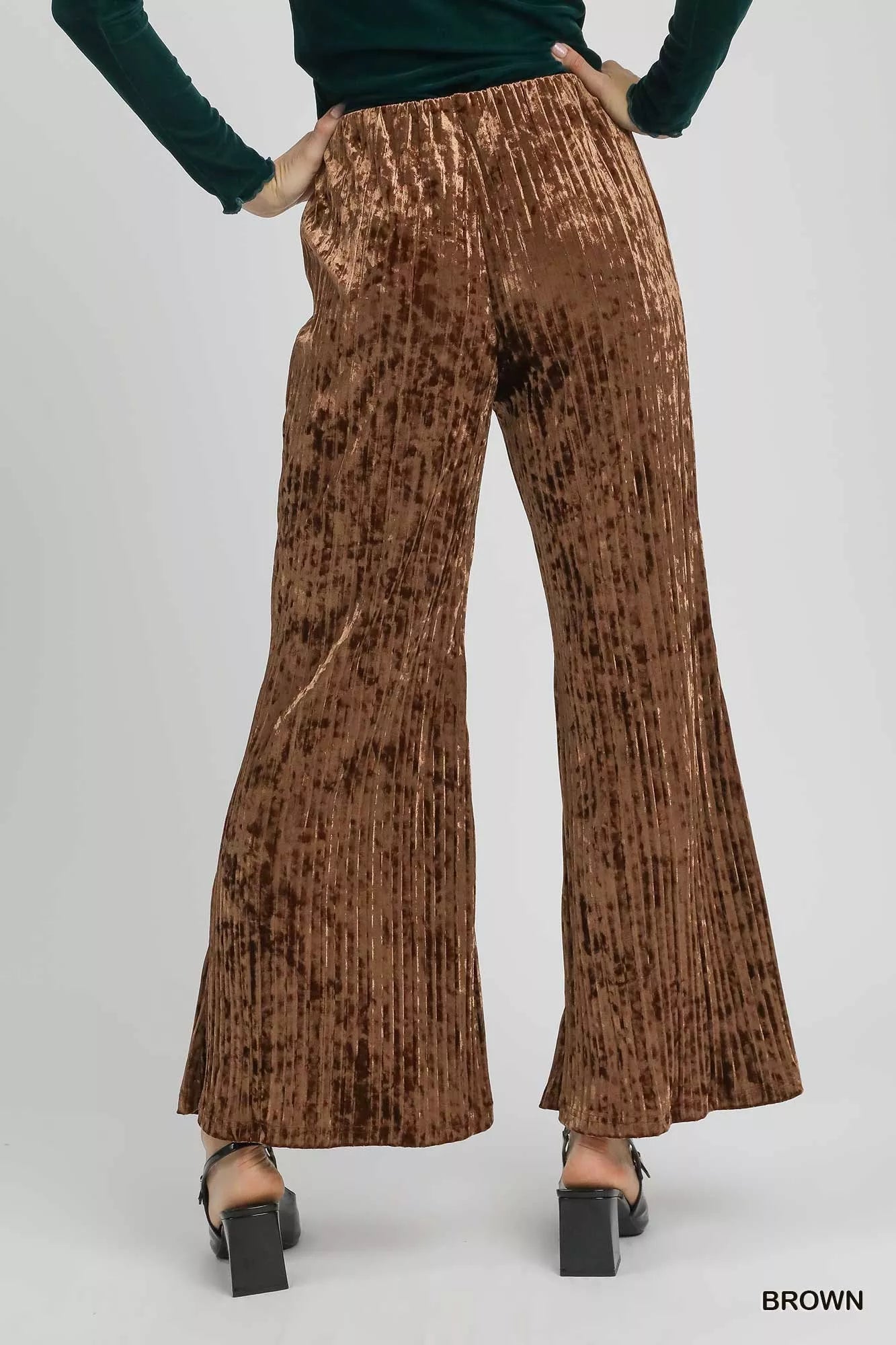 Umgee Velvet Pleated Wide Leg Pants - Bitsy Gypsy Boutique
