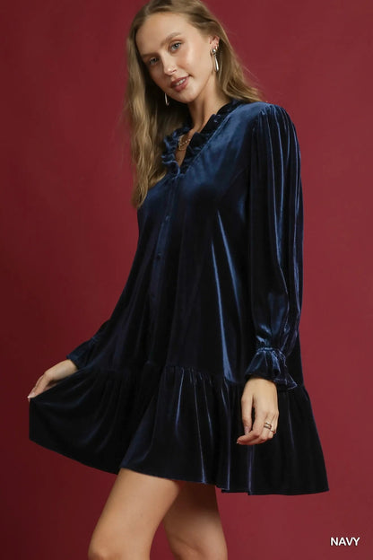 Umgee Velvet Ruffle Trim Mini Dress - Bitsy Gypsy Boutique