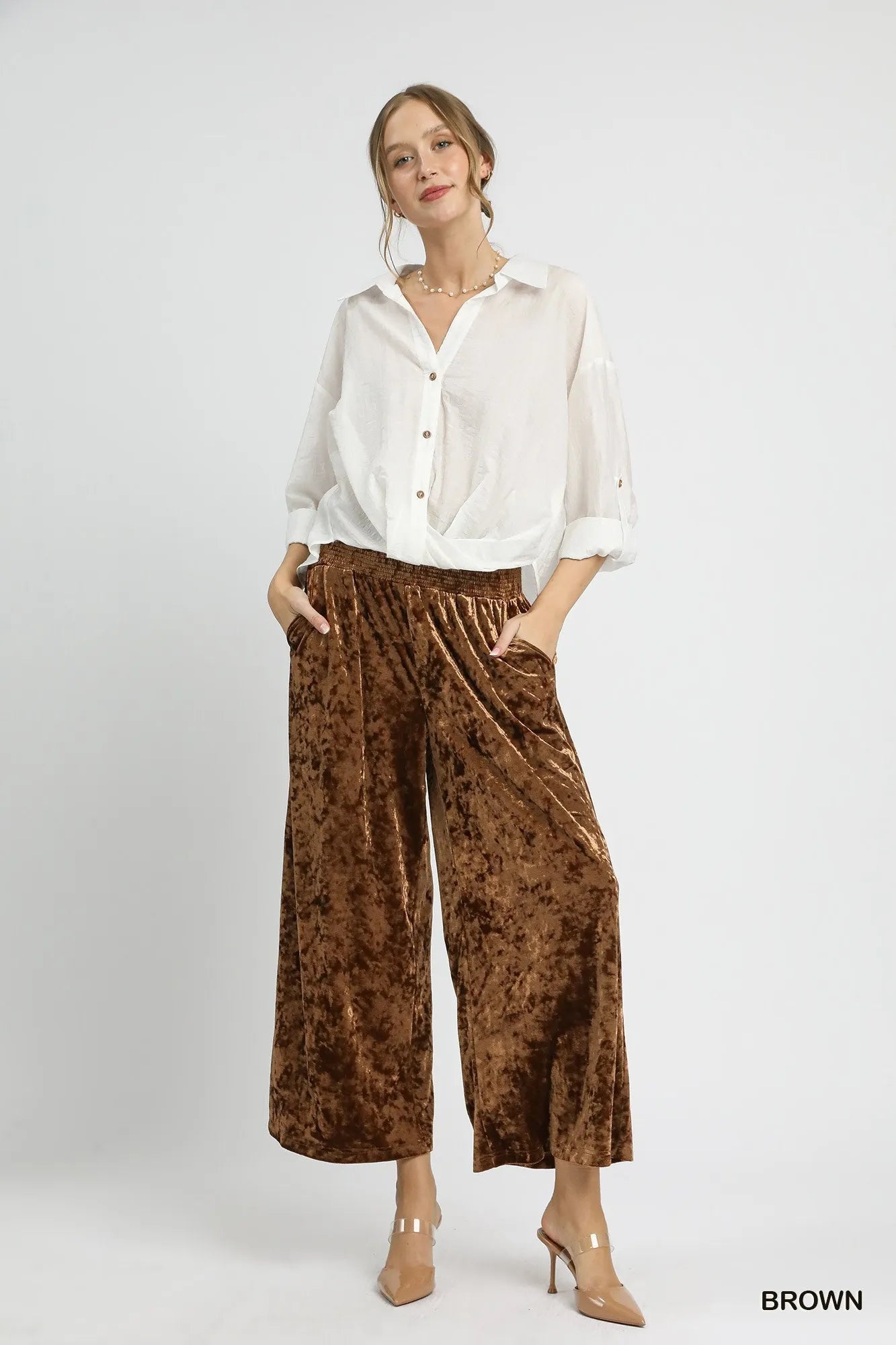Umgee Velvet Smocked Waistband Wide Leg Pants - Bitsy Gypsy Boutique