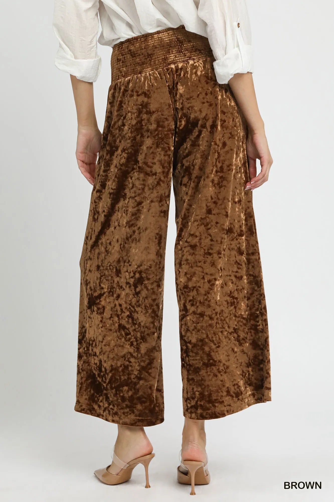 Umgee Velvet Smocked Waistband Wide Leg Pants - Bitsy Gypsy Boutique