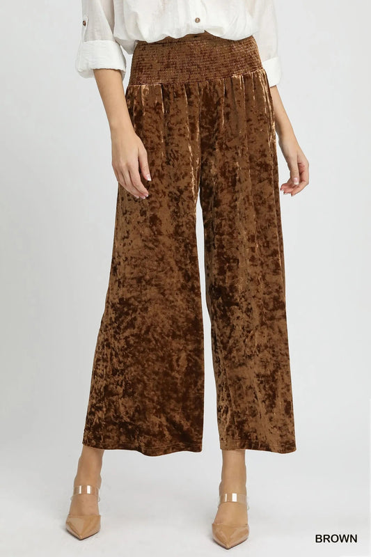 Umgee Velvet Smocked Waistband Wide Leg Pants - Bitsy Gypsy Boutique