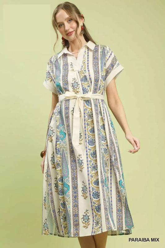 Umgee Vertical Print Tie Waist Midi Dress - Bitsy Gypsy Boutique