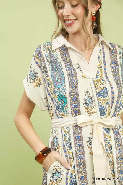 Umgee Vertical Print Tie Waist Midi Dress - Bitsy Gypsy Boutique