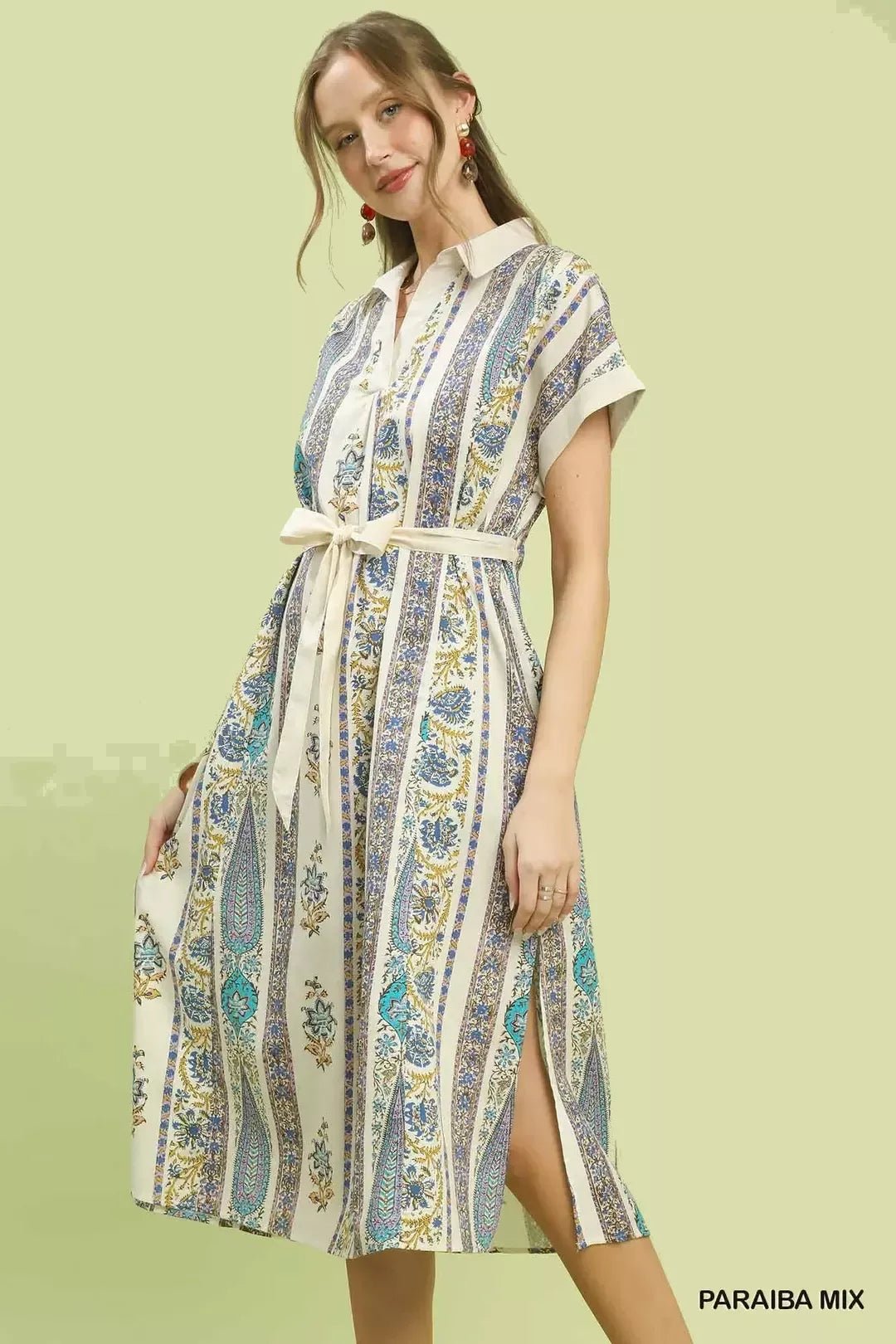Umgee Vertical Print Tie Waist Midi Dress - Bitsy Gypsy Boutique