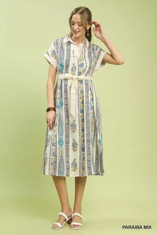 Umgee Vertical Print Tie Waist Midi Dress - Bitsy Gypsy Boutique
