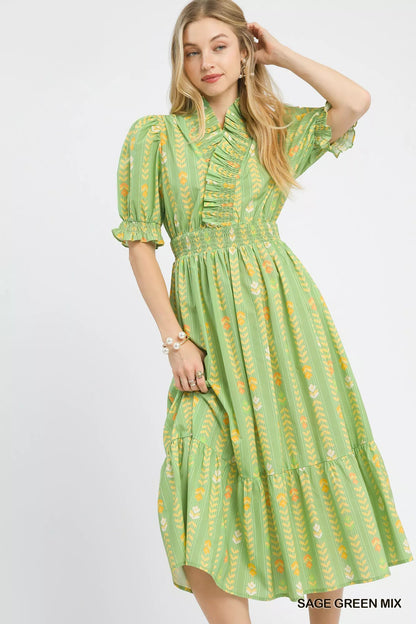 Umgee Vibrant Ruffle Smocked Midi Dress - Bitsy Gypsy Boutique