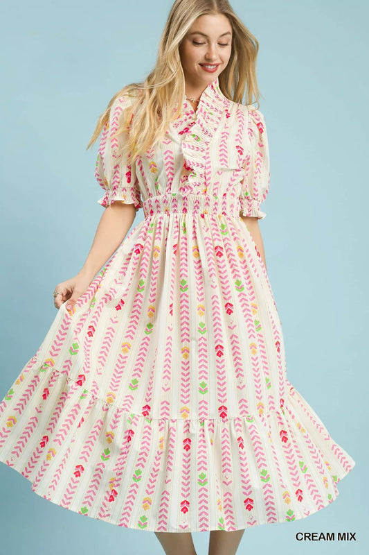 Umgee Vibrant Ruffle Smocked Midi Dress - Bitsy Gypsy Boutique