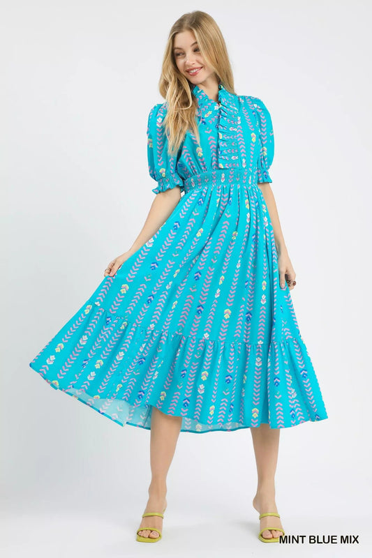 Umgee Vibrant Ruffle Smocked Midi Dress - Bitsy Gypsy Boutique