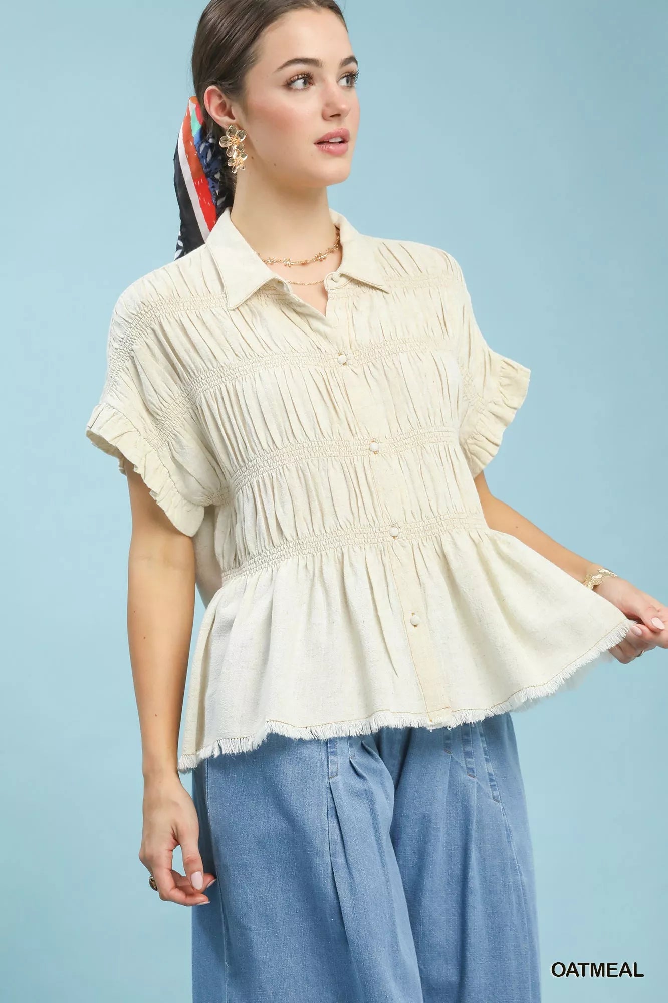 Umgee Washed Linen Blend Smocked Shirt - Bitsy Gypsy Boutique