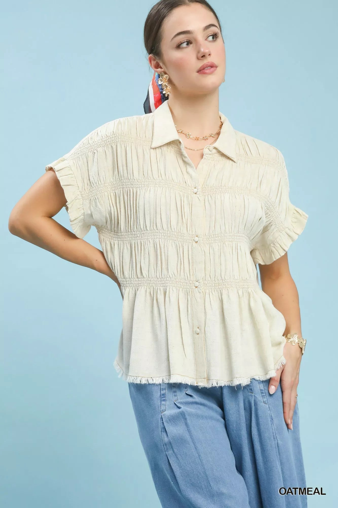 Umgee Washed Linen Blend Smocked Shirt - Bitsy Gypsy Boutique