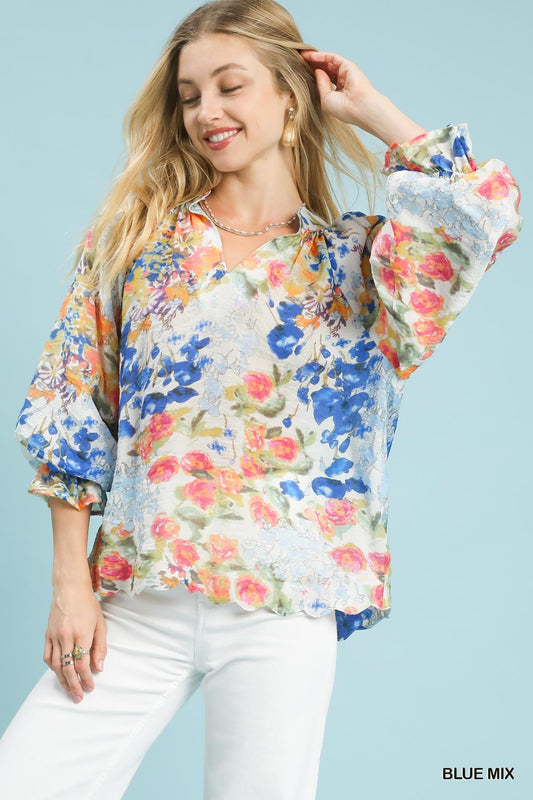 Umgee Watercolor Floral Blouse with Flounce Sleeve - Bitsy Gypsy Boutique