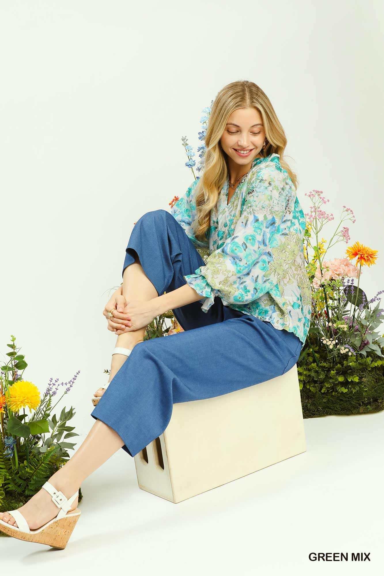 Umgee Watercolor Floral Blouse with Flounce Sleeve - Bitsy Gypsy Boutique