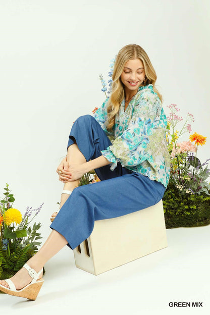 Umgee Watercolor Floral Blouse with Flounce Sleeve - Bitsy Gypsy Boutique