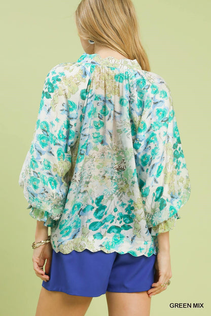 Umgee Watercolor Floral Blouse with Flounce Sleeve - Bitsy Gypsy Boutique