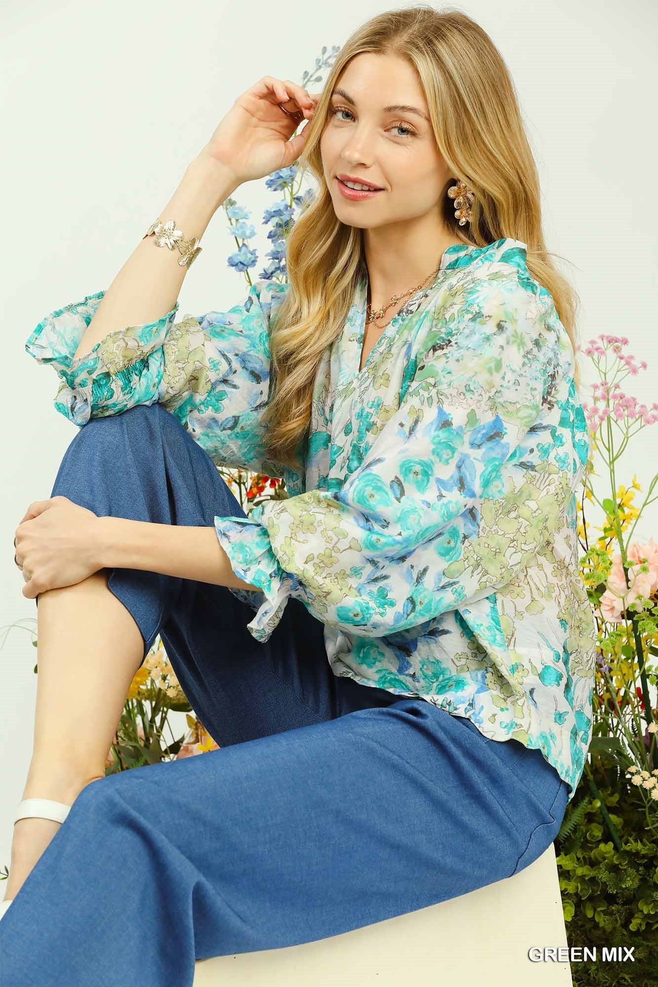 Umgee Watercolor Floral Blouse with Flounce Sleeve - Bitsy Gypsy Boutique
