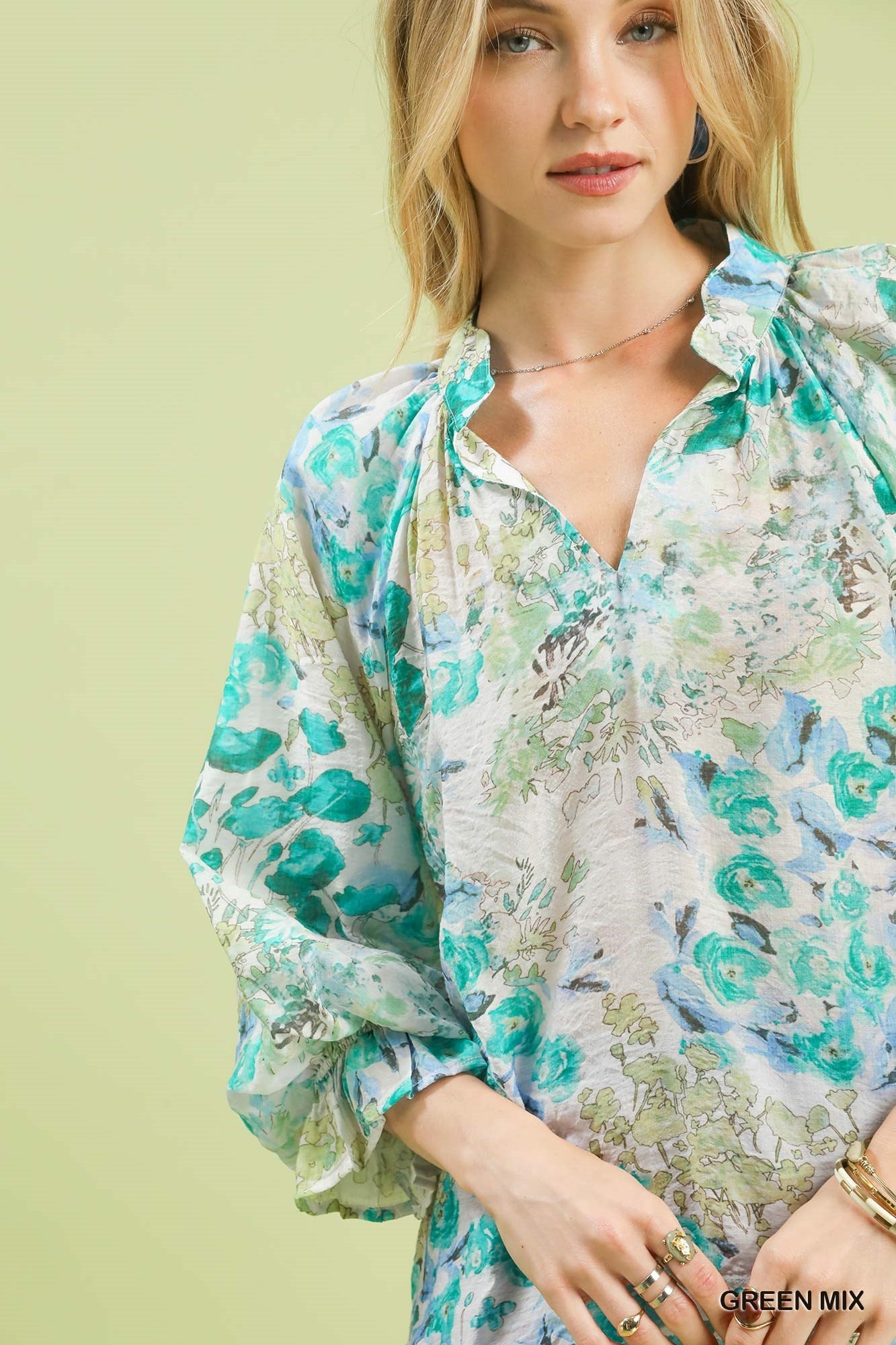 Umgee Watercolor Floral Blouse with Flounce Sleeve - Bitsy Gypsy Boutique