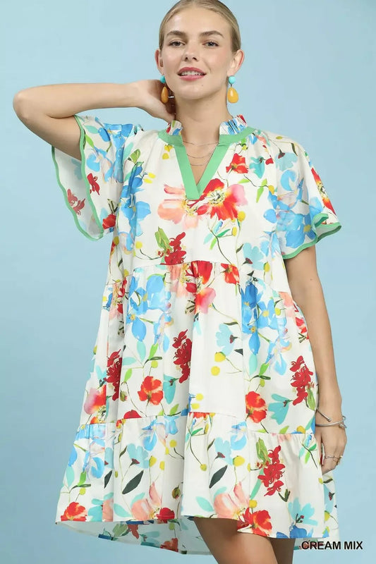 Umgee Watercolor Floral Print Dress with Contrast Trim - Bitsy Gypsy Boutique