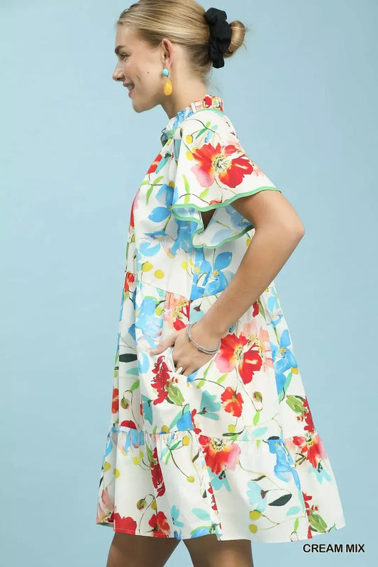 Umgee Watercolor Floral Print Dress with Contrast Trim - Bitsy Gypsy Boutique