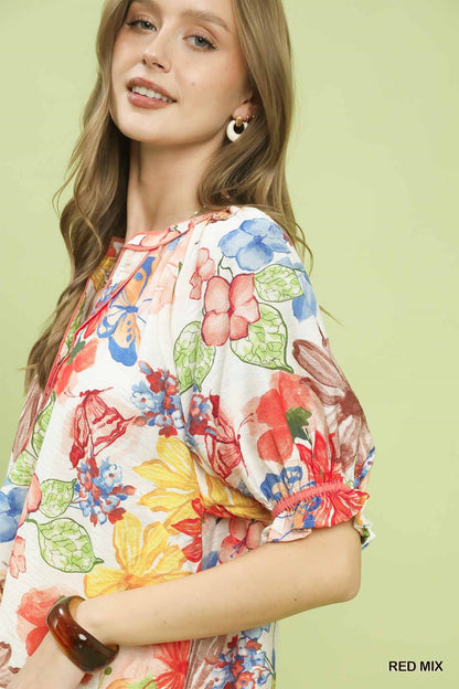 Umgee Watercolor Floral Print Top with High - Low Hem - Bitsy Gypsy Boutique