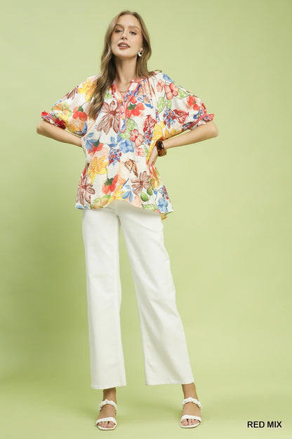 Umgee Watercolor Floral Print Top with High - Low Hem - Bitsy Gypsy Boutique