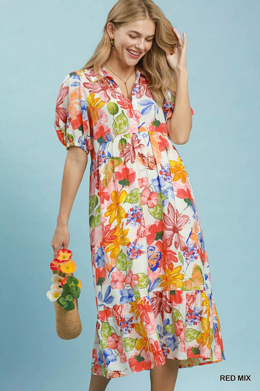 Umgee Watercolor Floral Tiered Midi Dress - Bitsy Gypsy Boutique