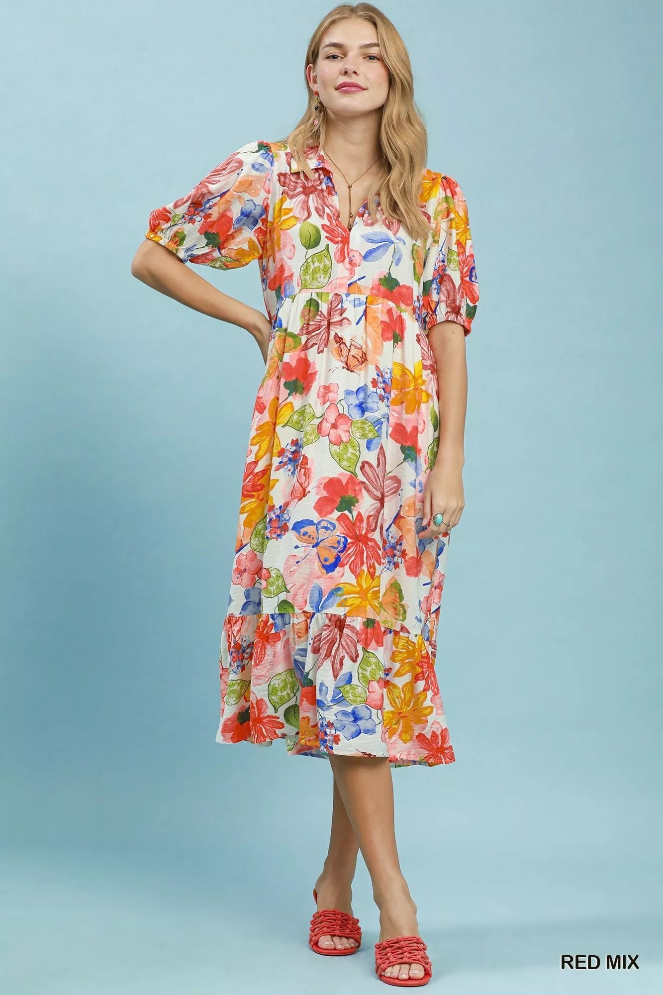 Umgee Watercolor Floral Tiered Midi Dress - Bitsy Gypsy Boutique