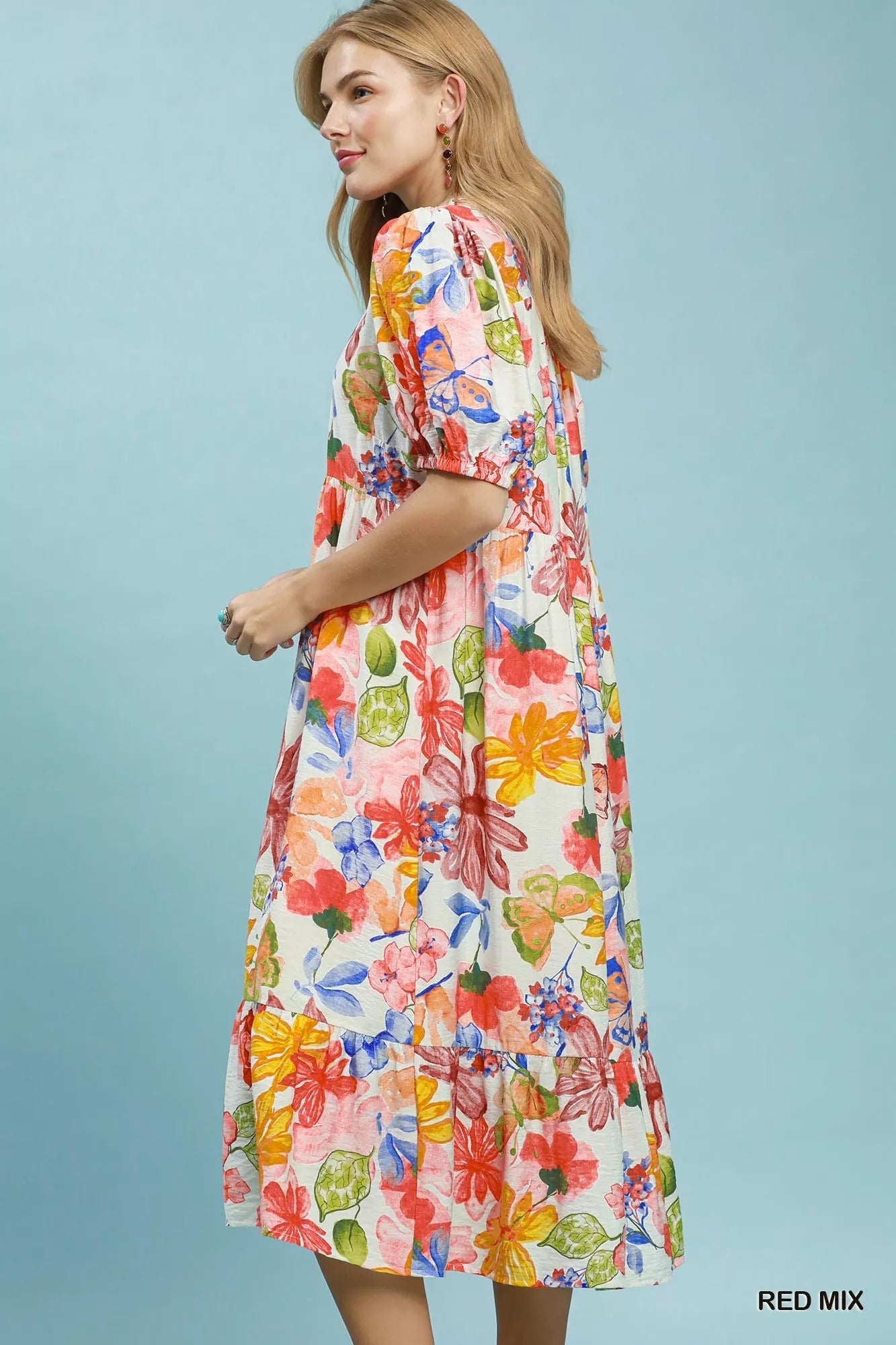 Umgee Watercolor Floral Tiered Midi Dress - Bitsy Gypsy Boutique
