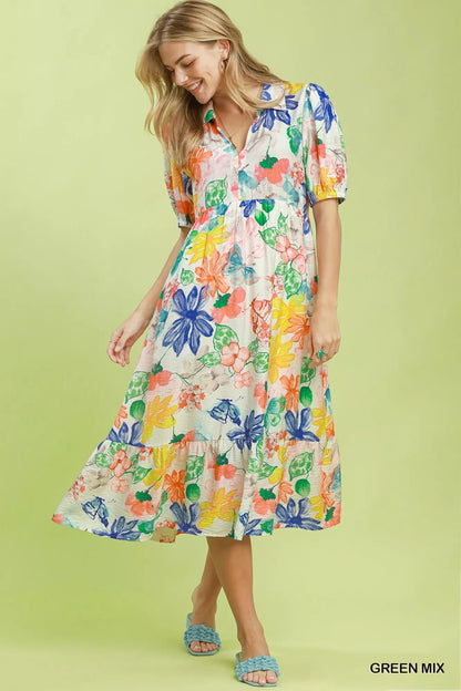 Umgee Watercolor Floral Tiered Midi Dress - Bitsy Gypsy Boutique