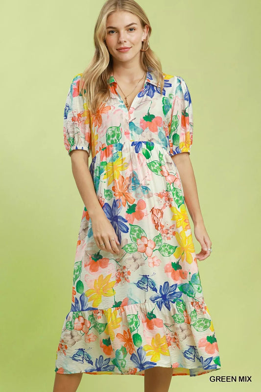 Umgee Watercolor Floral Tiered Midi Dress - Bitsy Gypsy Boutique