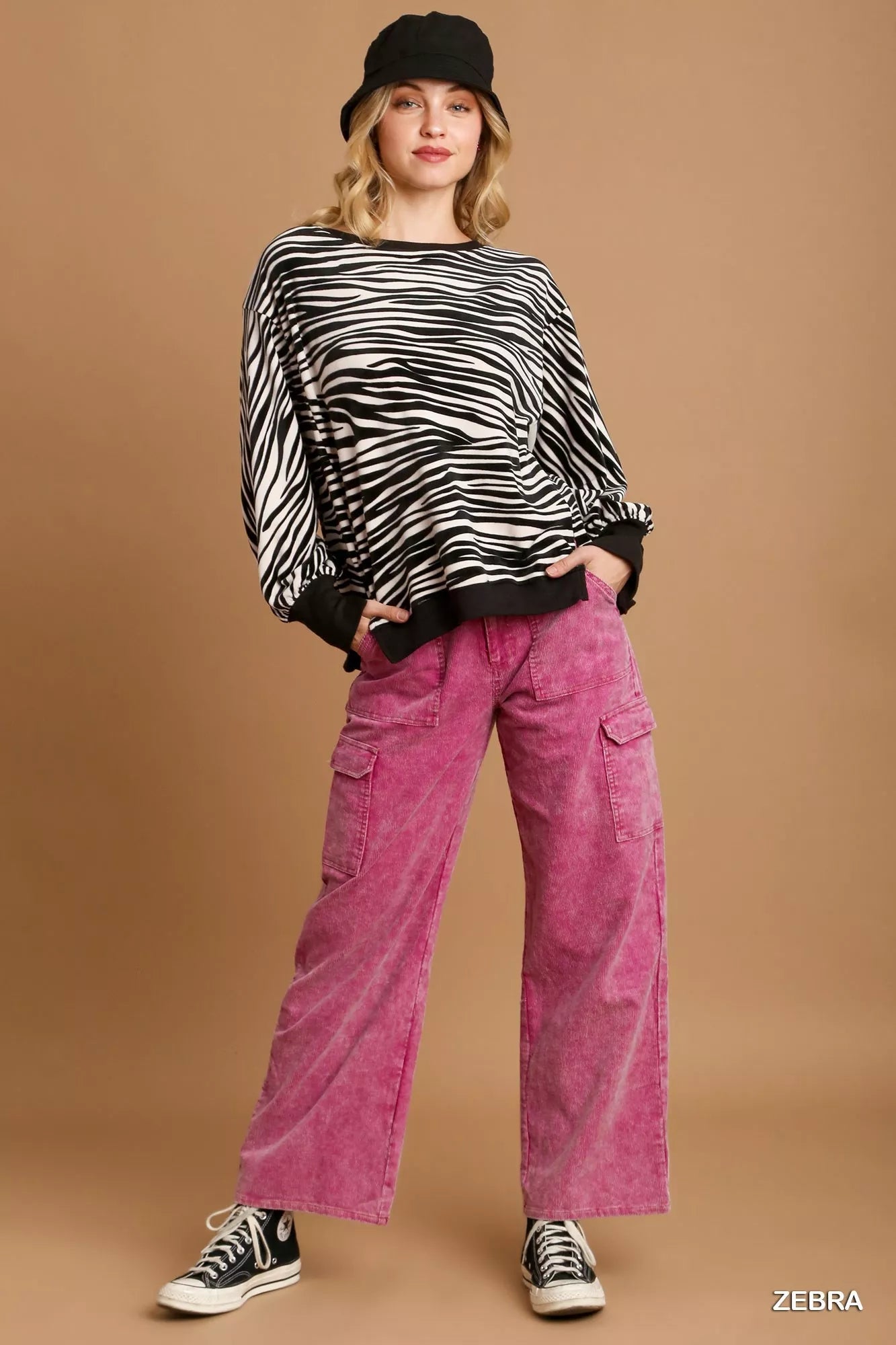 Umgee Zebra Striped Fleece Pullover Sweater Shirt - Bitsy Gypsy Boutique