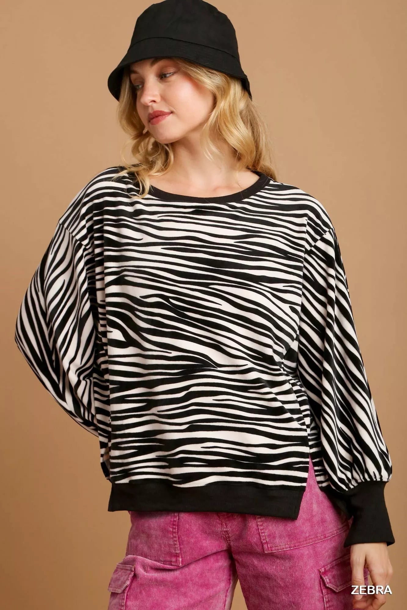 Umgee Zebra Striped Fleece Pullover Sweater Shirt - Bitsy Gypsy Boutique