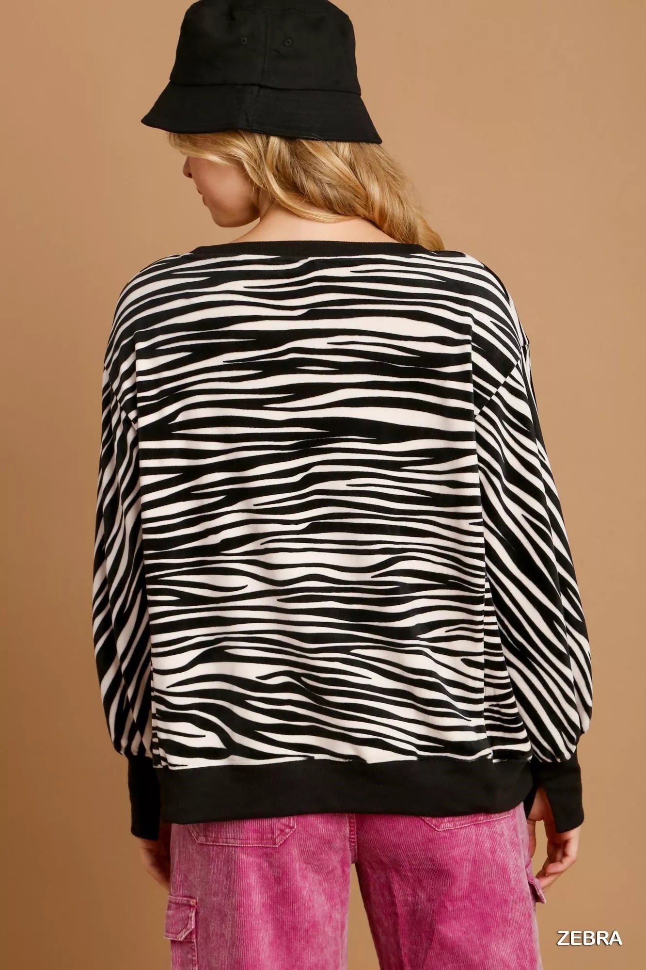 Umgee Zebra Striped Fleece Pullover Sweater Shirt - Bitsy Gypsy Boutique