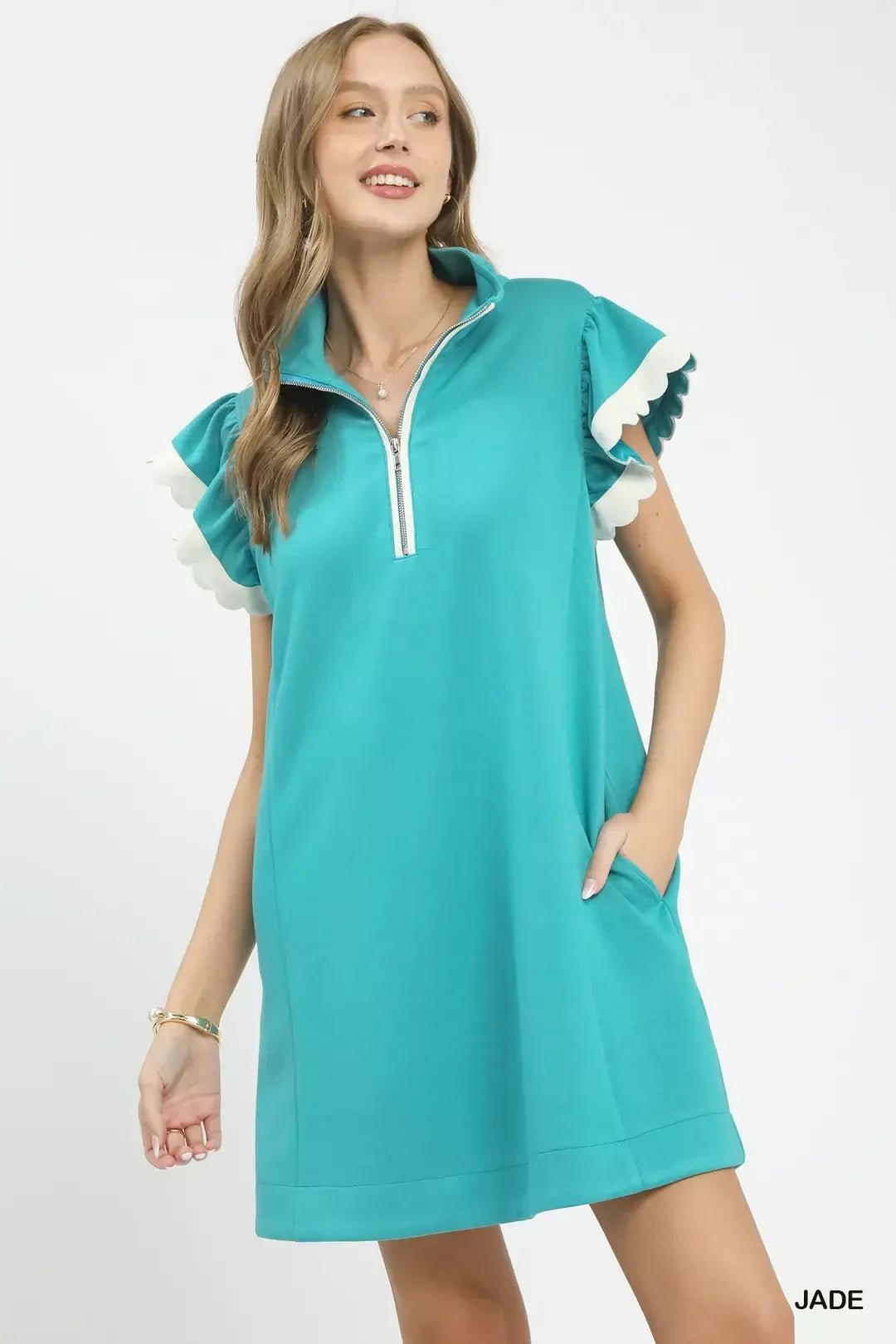 Umgee Zip - Neck Flutter Sleeve Dress - Bitsy Gypsy Boutique