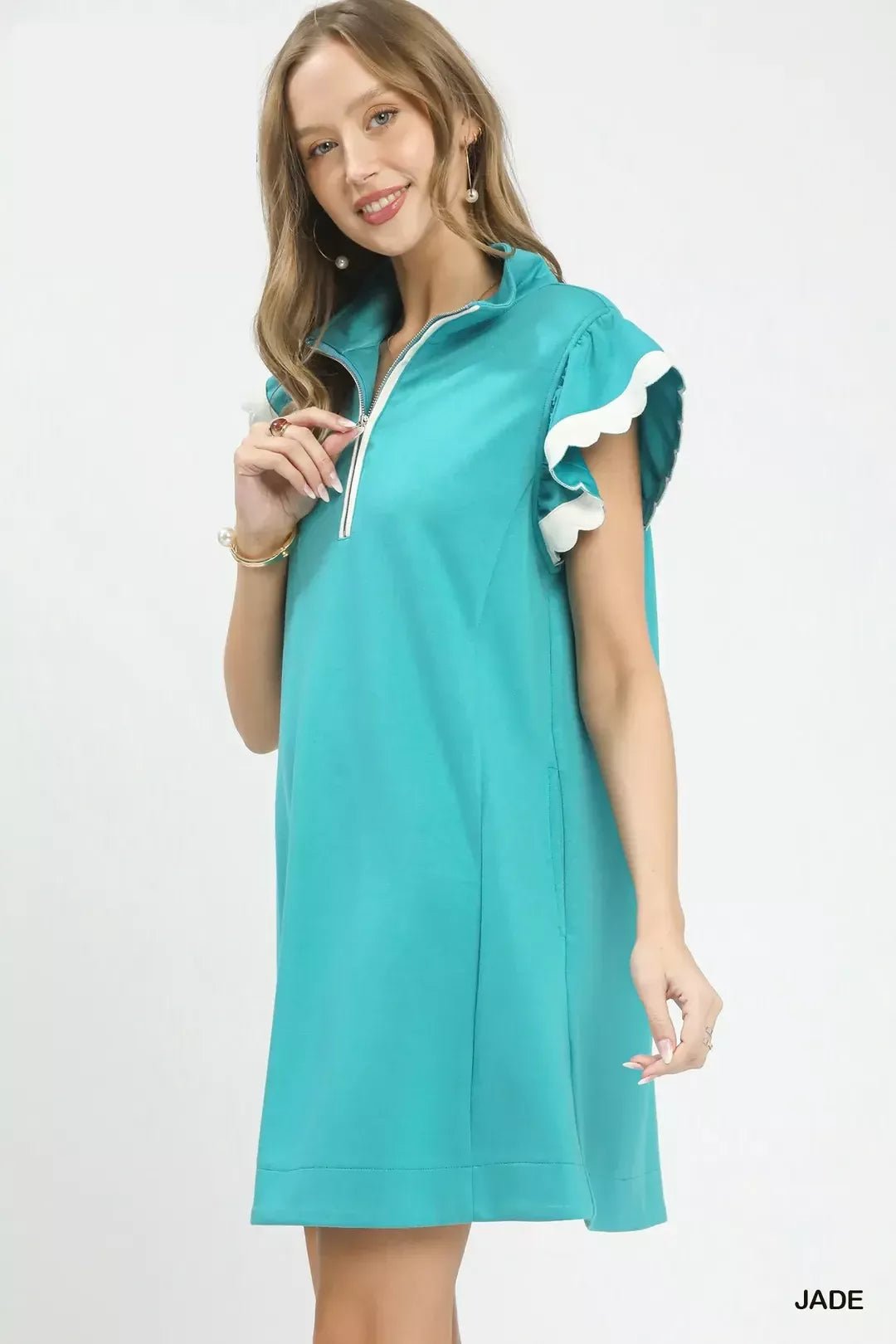 Umgee Zip - Neck Flutter Sleeve Dress - Bitsy Gypsy Boutique