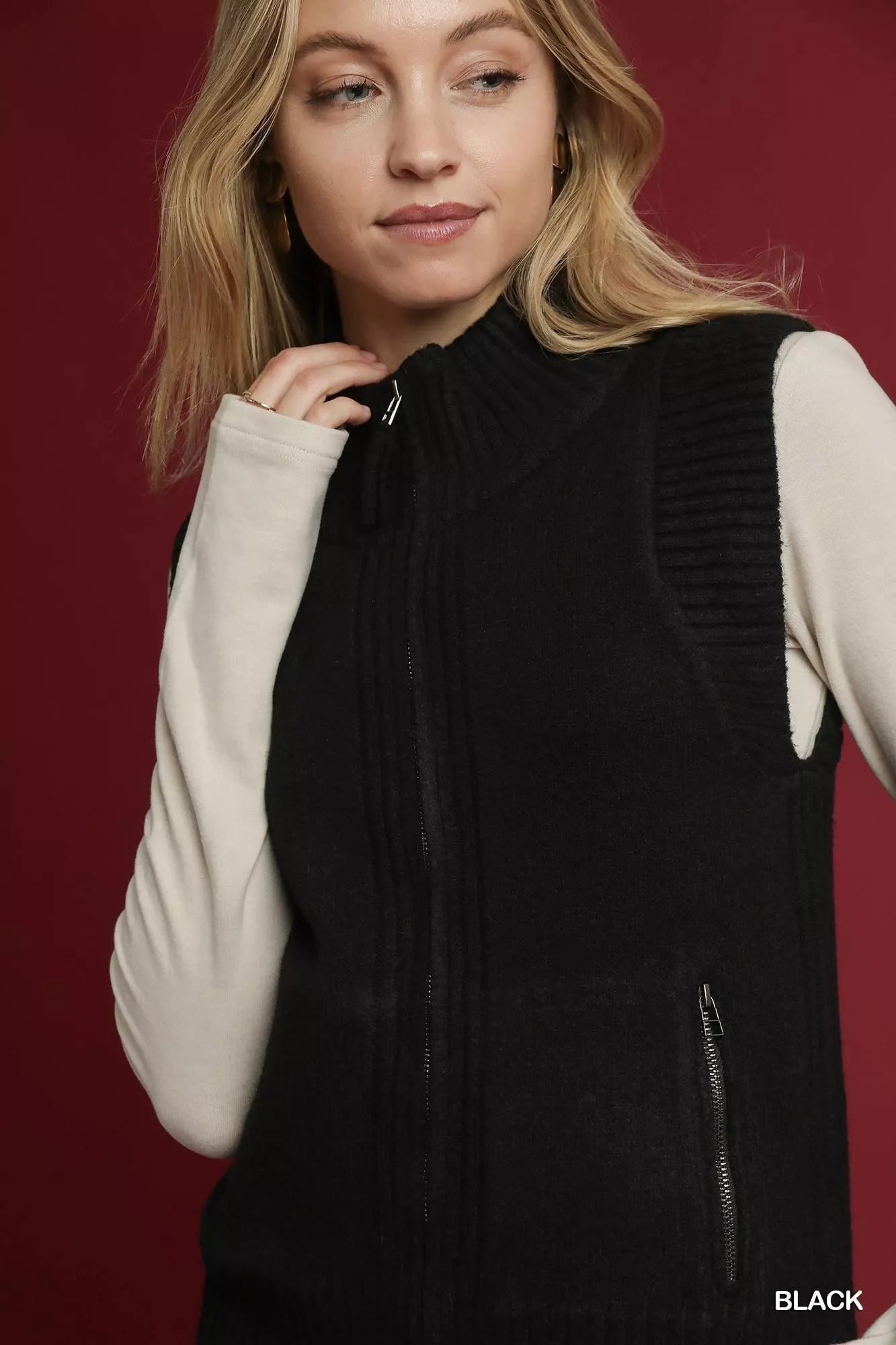 Umgee Zip - Up Sweater Vest with Ribbed Trim - Bitsy Gypsy Boutique