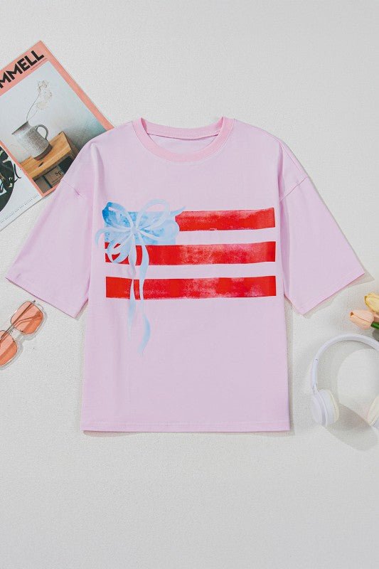 USA Flag Bow Crewneck Graphic Tee - Bitsy Gypsy Boutique