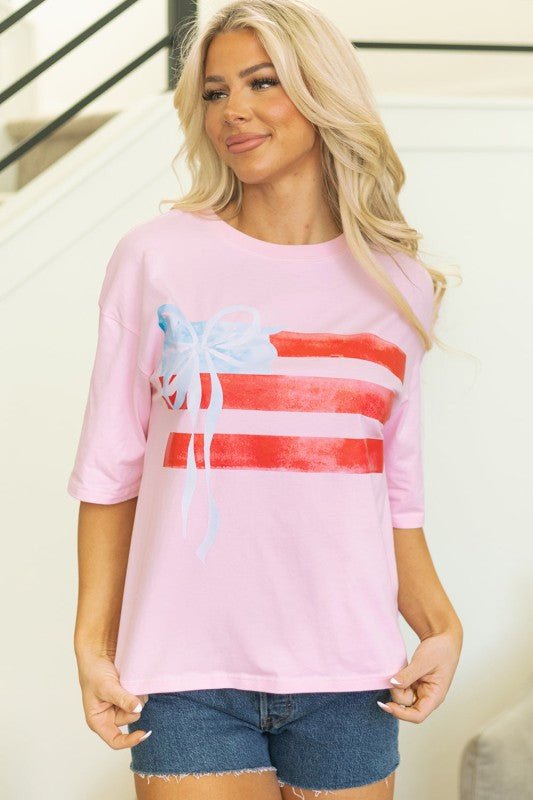 USA Flag Bow Crewneck Graphic Tee - Bitsy Gypsy Boutique