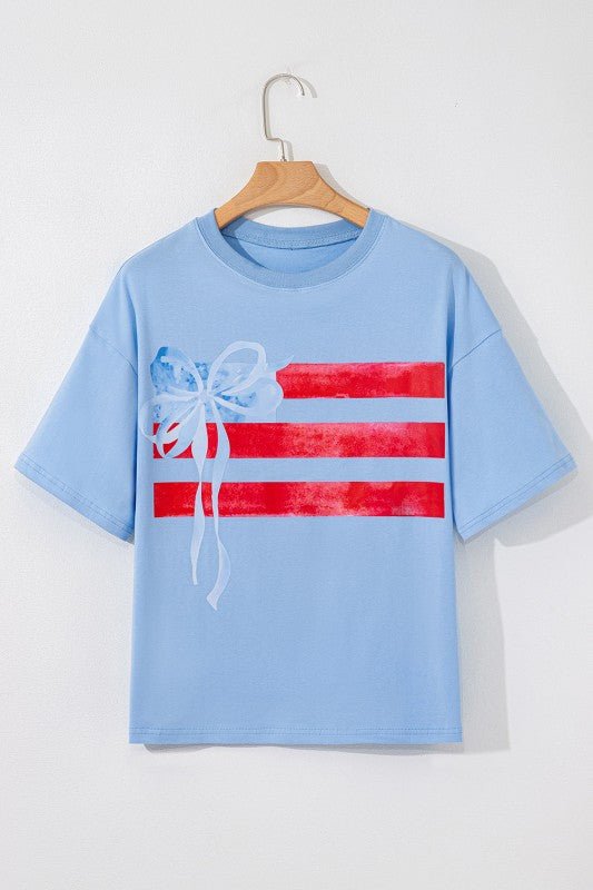 USA Flag Bow Crewneck Graphic Tee - Bitsy Gypsy Boutique