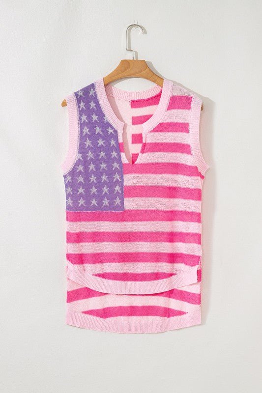 USA Flag Notch Neck Sleeveless Sweater Top - Bitsy Gypsy Boutique
