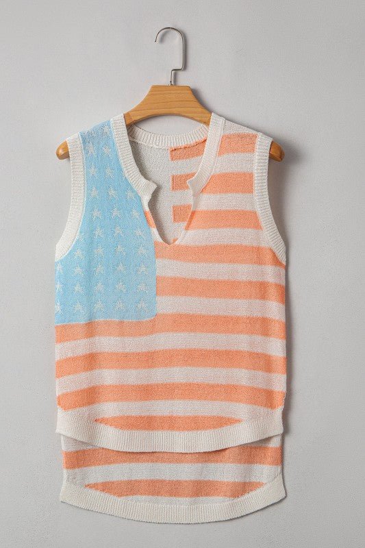 USA Flag Notch Neck Sleeveless Sweater Top - Bitsy Gypsy Boutique